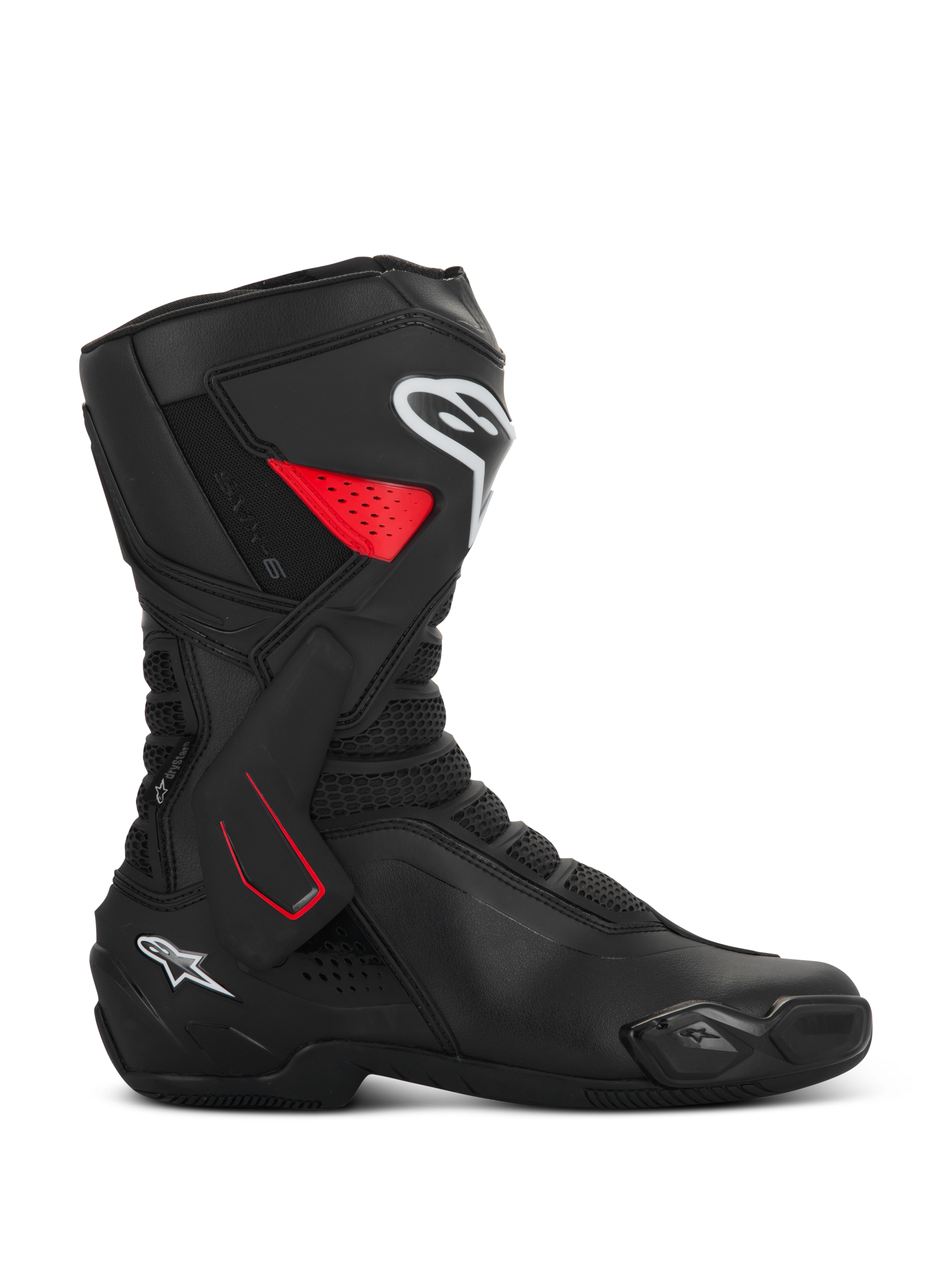Alpinestars SMX-6 V3 Drystar Boots, motorcycle sport riding boots, black with red and white accents, side profile view, waterproof microfiber construction, TPU lateral ankle brace with red detailing, white logos on the shin and heel, integrated toe slider and mesh flex zones