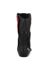 Alpinestars SMX-6 V3 Drystar® Boots, Black and Red, rear view showing TPU heel counter and calf protection, performance motorcycle riding footwear with waterproof microfiber construction