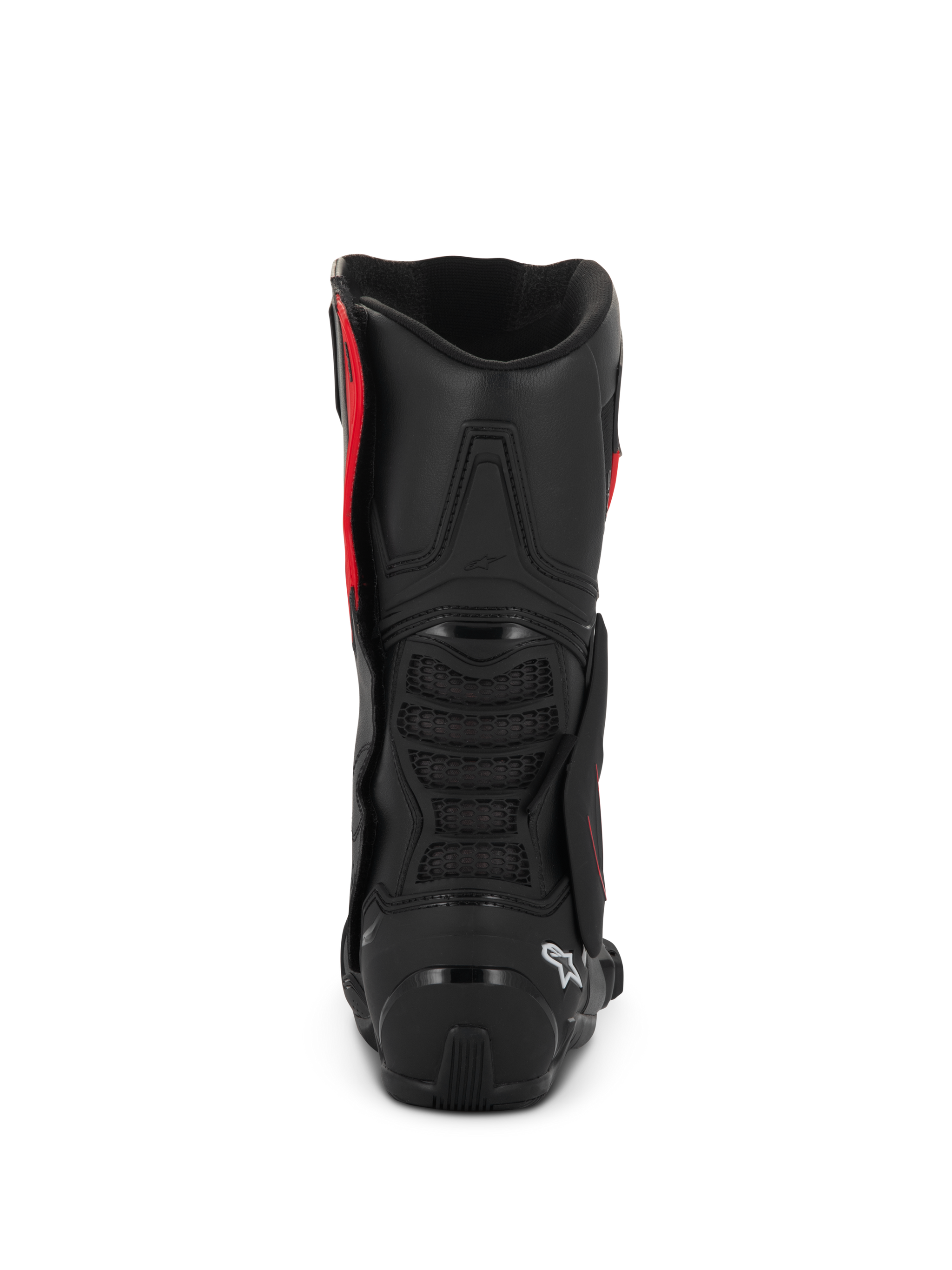 Alpinestars SMX-6 V3 Drystar® Boots, Black and Red, rear view showing TPU heel counter and calf protection, performance motorcycle riding footwear with waterproof microfiber construction
