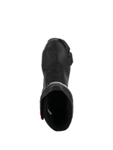Alpinestars SMX-6 V3 Drystar Boots, Performance Motorcycle Boots, Black with red accents, top-down view looking into the boot opening, featuring textured flex zones and microfiber construction