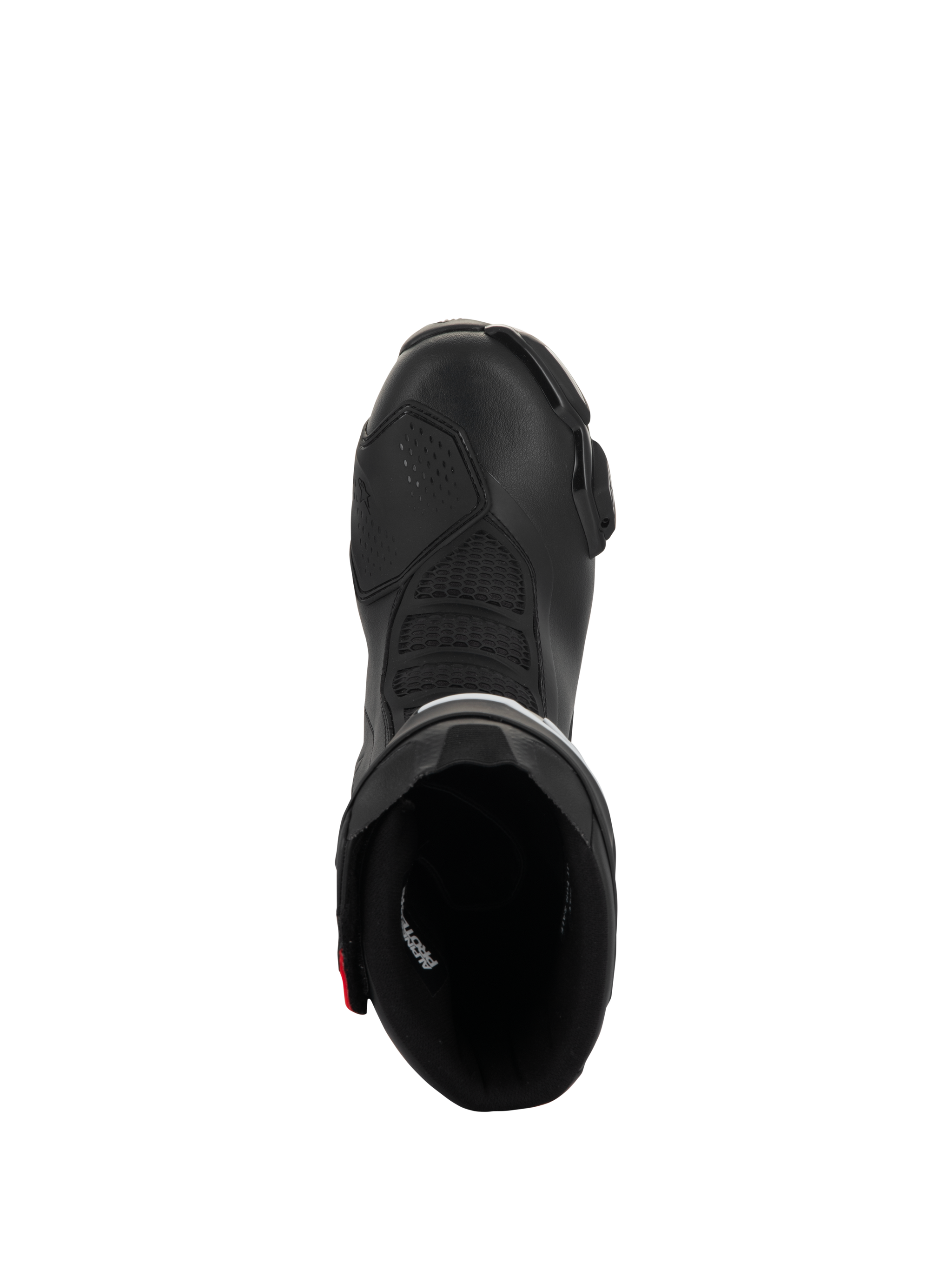 Alpinestars SMX-6 V3 Drystar Boots, Performance Motorcycle Boots, Black with red accents, top-down view looking into the boot opening, featuring textured flex zones and microfiber construction