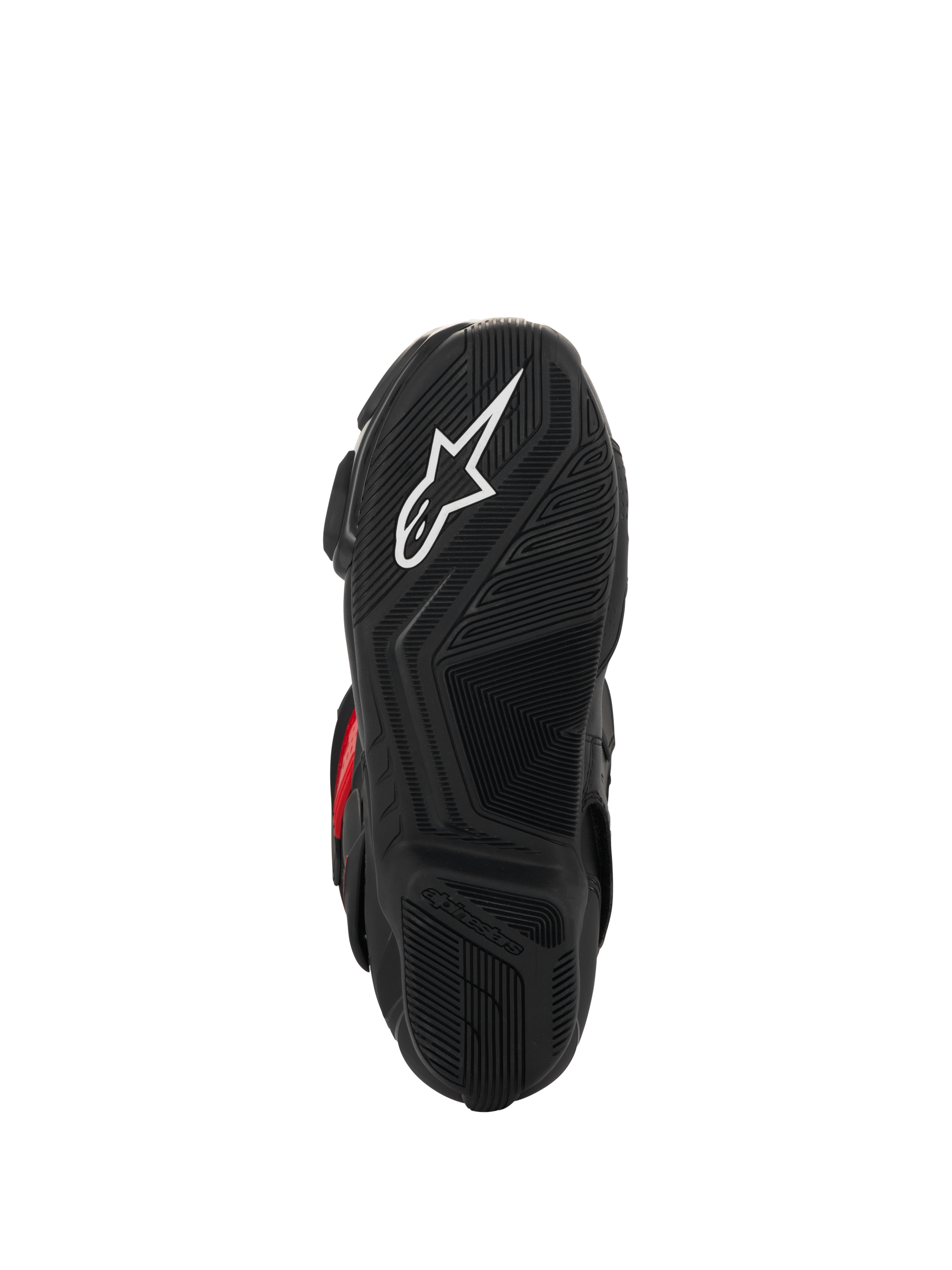 Alpinestars SMX-6 V3 Drystar® Boots, bottom sole view, black textured rubber for grip, featuring a white star logo and embossed Alpinestars branding, performance motorcycle footwear.