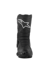 Alpinestars Stella SMX-6 V3 Drystar® Boots, Women's Motorcycle Riding Boots, Black and Silver, front view featuring a prominent white Astar logo on the shin plate, advanced microfiber construction with textured protective zones