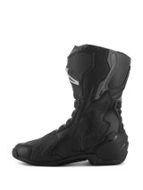 Alpinestars Stella SMX-6 V3 Drystar® Boots, Women's Waterproof Motorcycle Boots, Black and Silver, Side profile view featuring TPU shin and ankle protection, embossed Drystar logo, durable microfiber construction for sport and road riding.