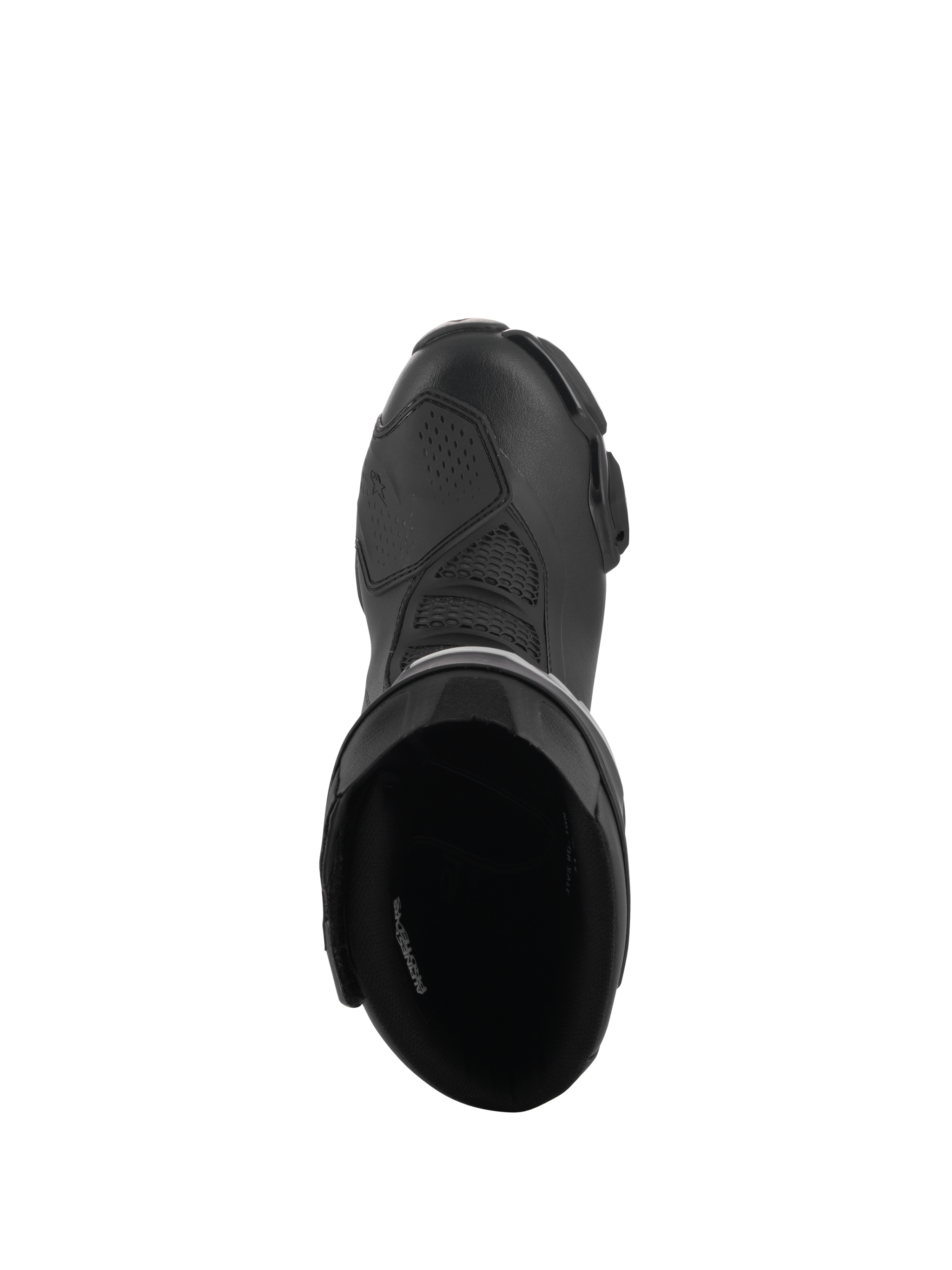 Alpinestars Stella SMX-6 V3 Drystar® Boots, Women's Performance Riding Boots, Black, top-down view showing the padded interior opening and the textured microfiber upper with a protective shifter pad