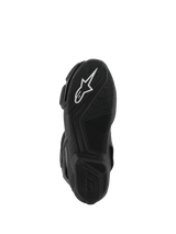 Alpinestars Stella SMX-6 V3 Drystar® Boots, bottom view of the black rubber sole, featuring a prominent white Alpinestars star logo, textured grip patterns for traction, and a streamlined design for motorcycle control.