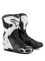 Alpinestars Stella SMX-6 V3 Drystar® Boots, Women's Performance Riding Boots, White and Black, featuring protective TPU shin plates, lateral ankle braces, and integrated sliders, sporty design with bold Alpinestars logo and mesh accents