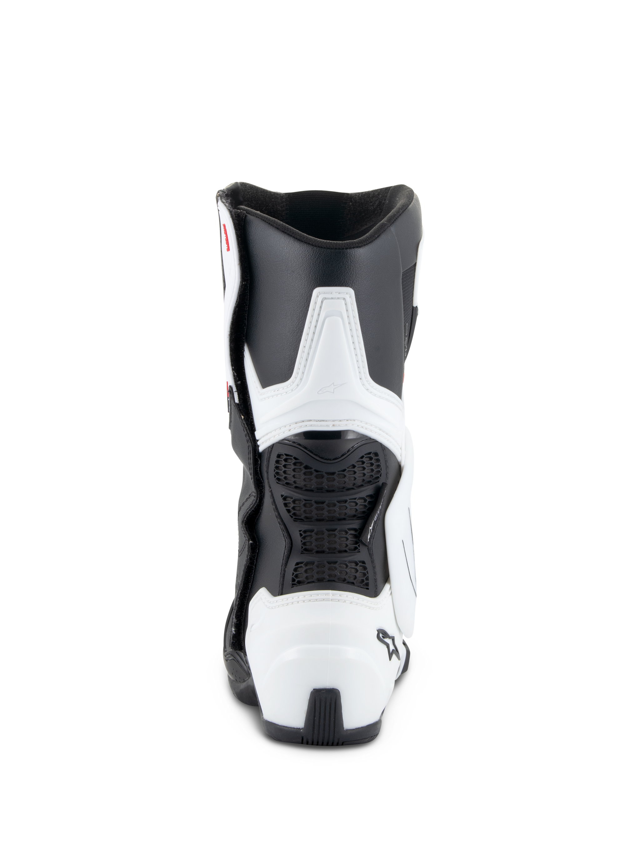Alpinestars Stella SMX-6 V3 Drystar® Boots, Women's Motorcycle Boots, White and Black, rear view featuring TPU calf and heel protection, flexible black mesh panels, and ergonomic racing-derived design.