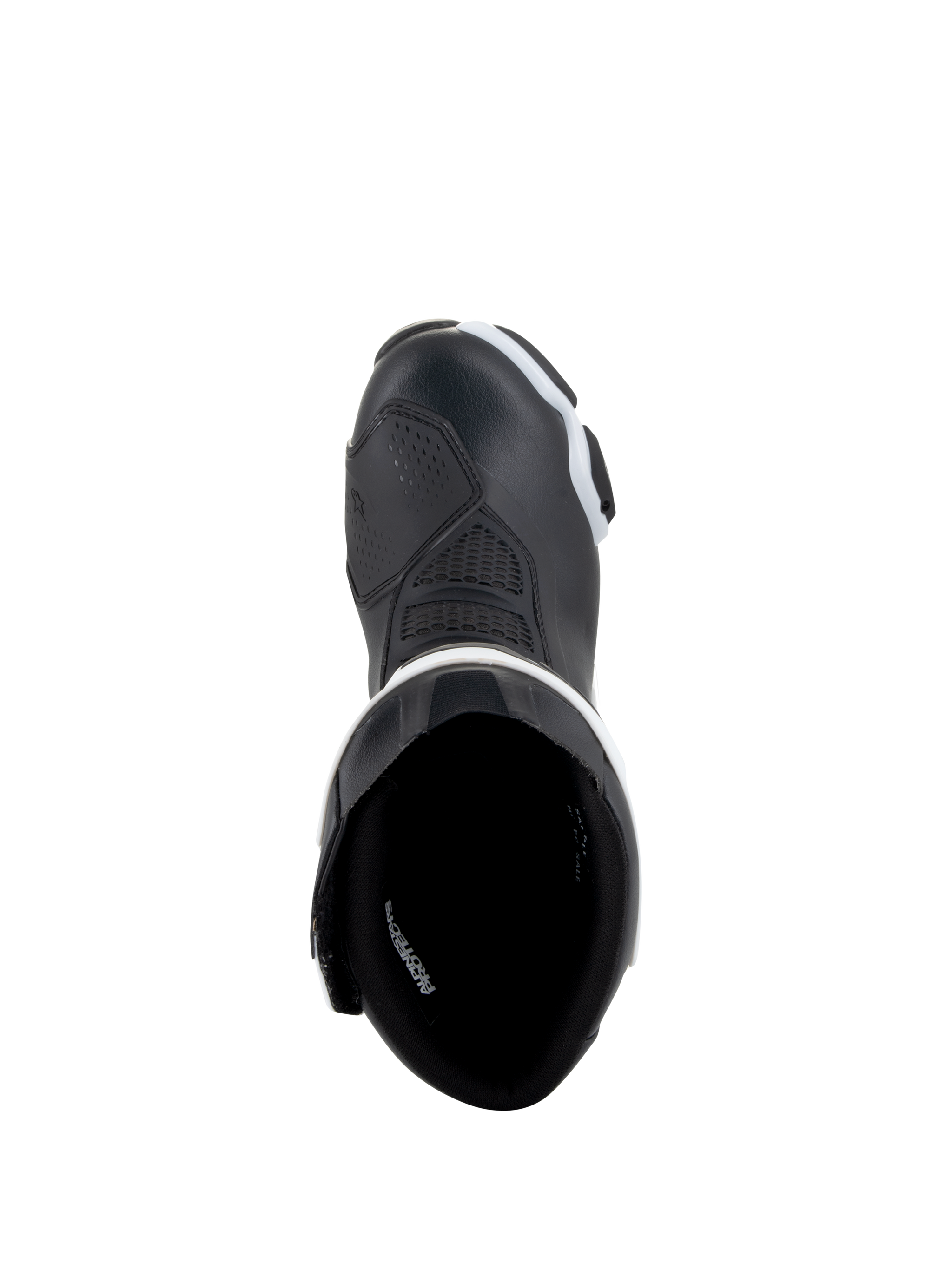 Alpinestars Stella SMX-6 V3 Drystar® Boots, Women's Motorcycle Boots, Black and White, top-down view showing interior lining and reinforced toe, waterproof microfiber construction for track and street riding