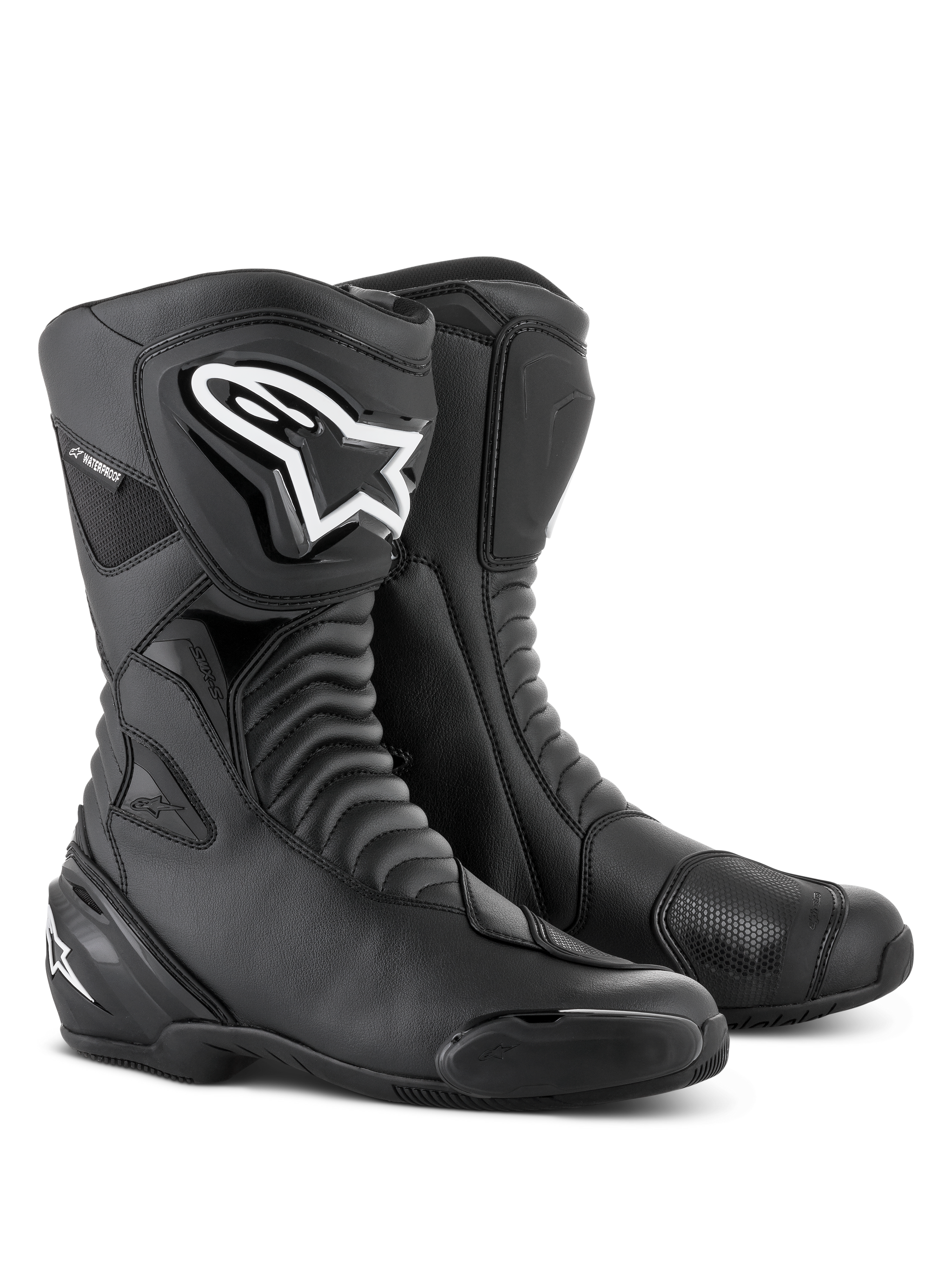 Alpinestars SMX S Waterproof Boots in Black Black, tall motorcycle boots featuring accordion flex zones, a prominent white Alpinestars logo on the TPU shin protector, reinforced shift pads, and replaceable toe sliders, designed for sport-touring and all-weather road riding.