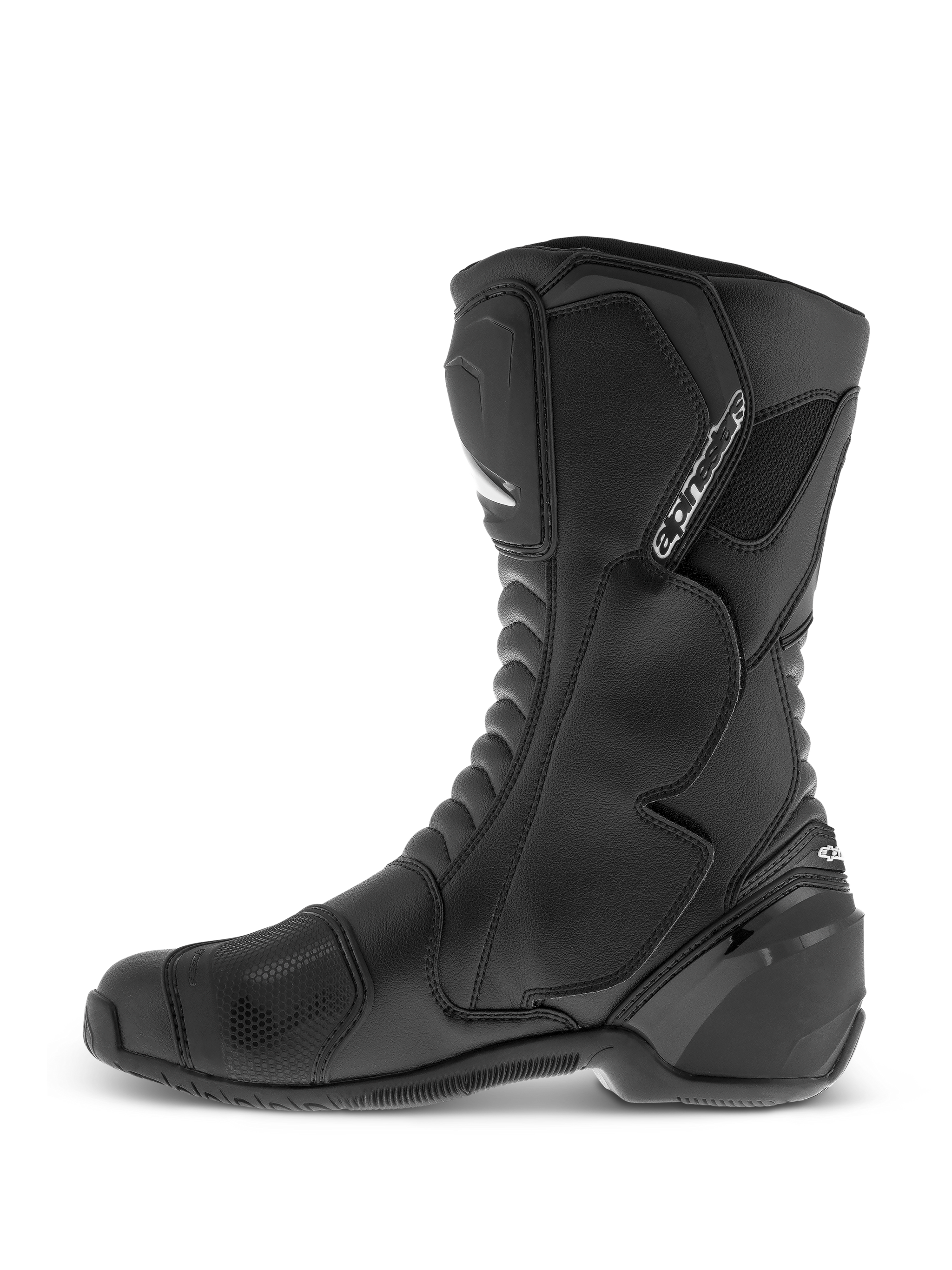 Alpinestars SMX S Waterproof Boots, Black, high-cut motorcycle boots featuring a durable microfiber upper, TPU shin and ankle protection, and textured shift pad, side profile view.