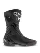 Alpinestars SMX S Waterproof Boots, Black motorcycle boots, side profile view featuring white logos on the shin and heel, textured accordion flex panels, durable microfiber construction, and waterproof branding, sleek sport-touring footwear