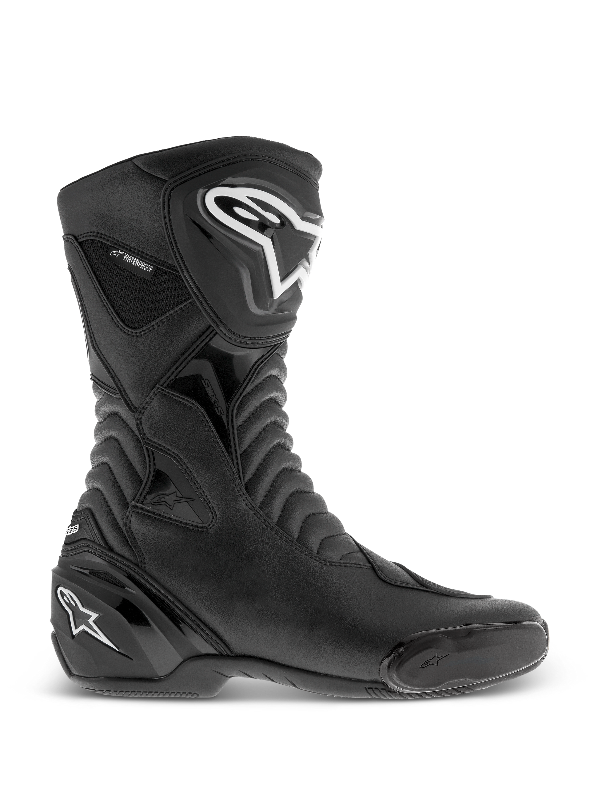 Alpinestars SMX S Waterproof Boots, Black motorcycle boots, side profile view featuring white logos on the shin and heel, textured accordion flex panels, durable microfiber construction, and waterproof branding, sleek sport-touring footwear