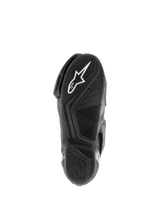 Alpinestars SMX S Waterproof Boots, Motorcycle Boots, Black, view of the textured rubber sole with white Astar logo and water-dispersing tread pattern
