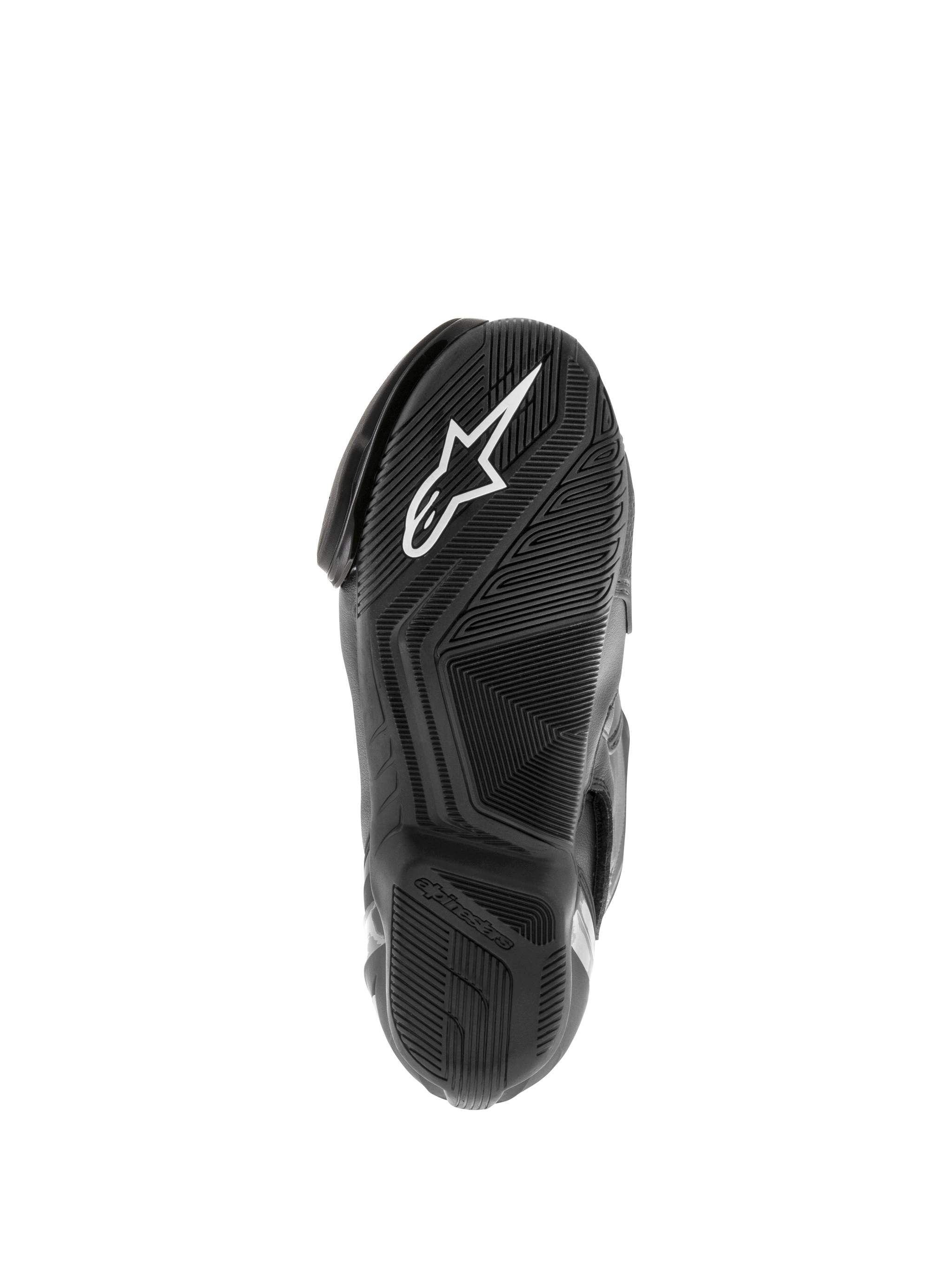 Alpinestars SMX S Waterproof Boots, Motorcycle Boots, Black, view of the textured rubber sole with white Astar logo and water-dispersing tread pattern