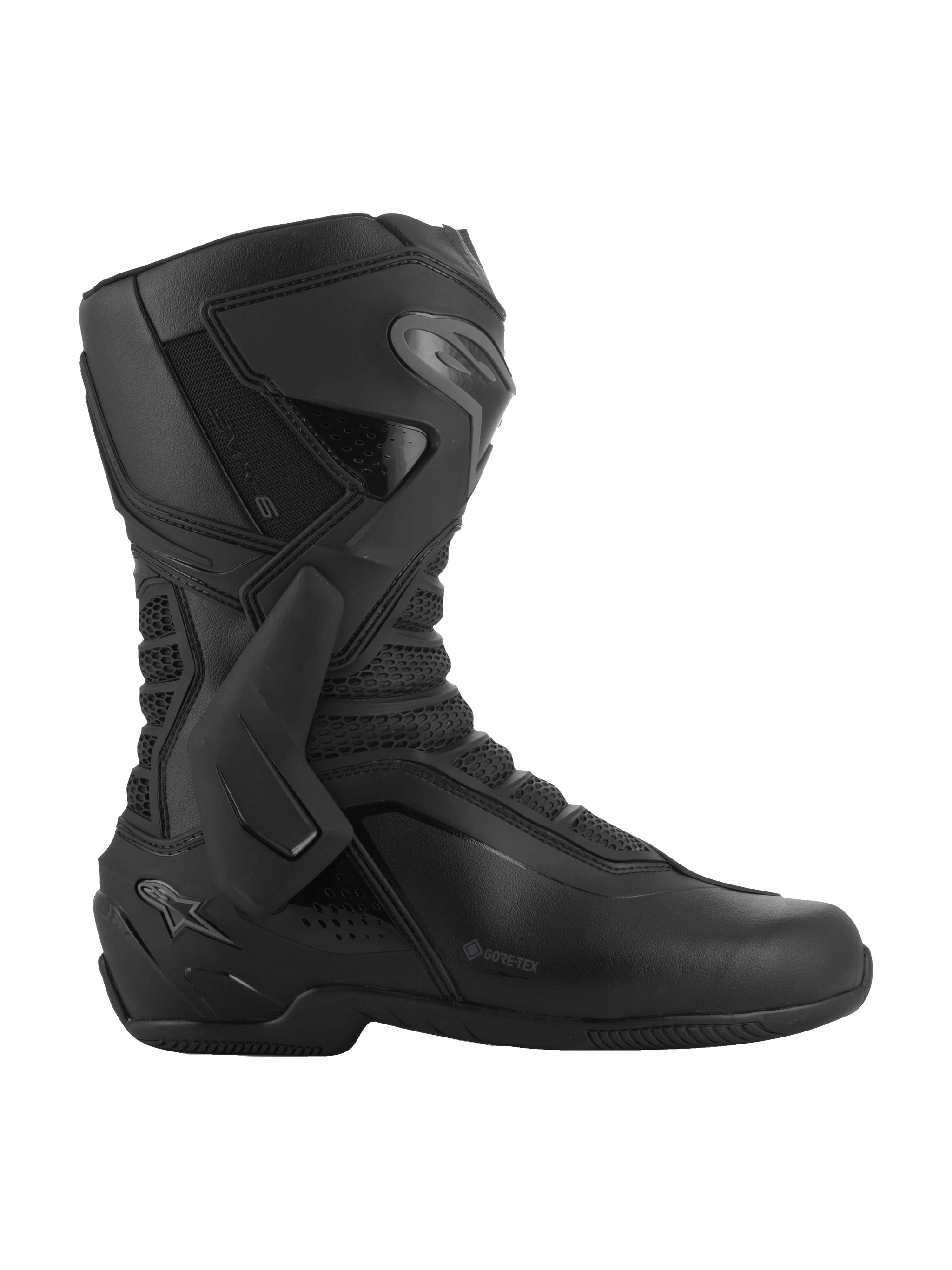 Alpinestars SMX-6 V3 GORE-TEX Boots, Black and Dark Gray, waterproof performance riding boots, featuring lateral TPU ankle brace and shin plate, ergonomic microfiber construction with 3D mesh panels, GORE-TEX logo on the side, specialized footwear for track and street performance