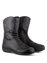 Alpinestars Web GORE-TEX Boots, Black waterproof motorcycle touring boots, leather construction with front and rear accordion flex zones, reinforced shift pad, and side-entry design for road riding.