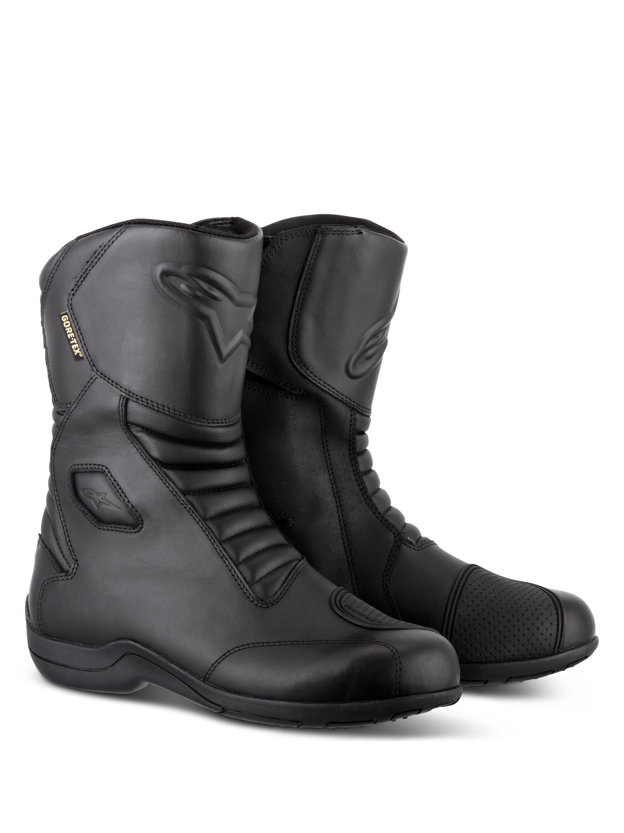 Alpinestars Web GORE-TEX Boots, Black waterproof motorcycle touring boots, leather construction with front and rear accordion flex zones, reinforced shift pad, and side-entry design for road riding.