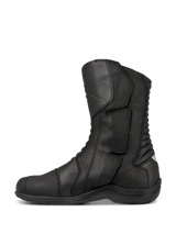 Alpinestars Web GORE-TEX Boots, Touring Motorcycle Boots, Black, side profile view showing leather construction, side-entry system with large closure flap, and rear accordion flex zones for maneuverability.
