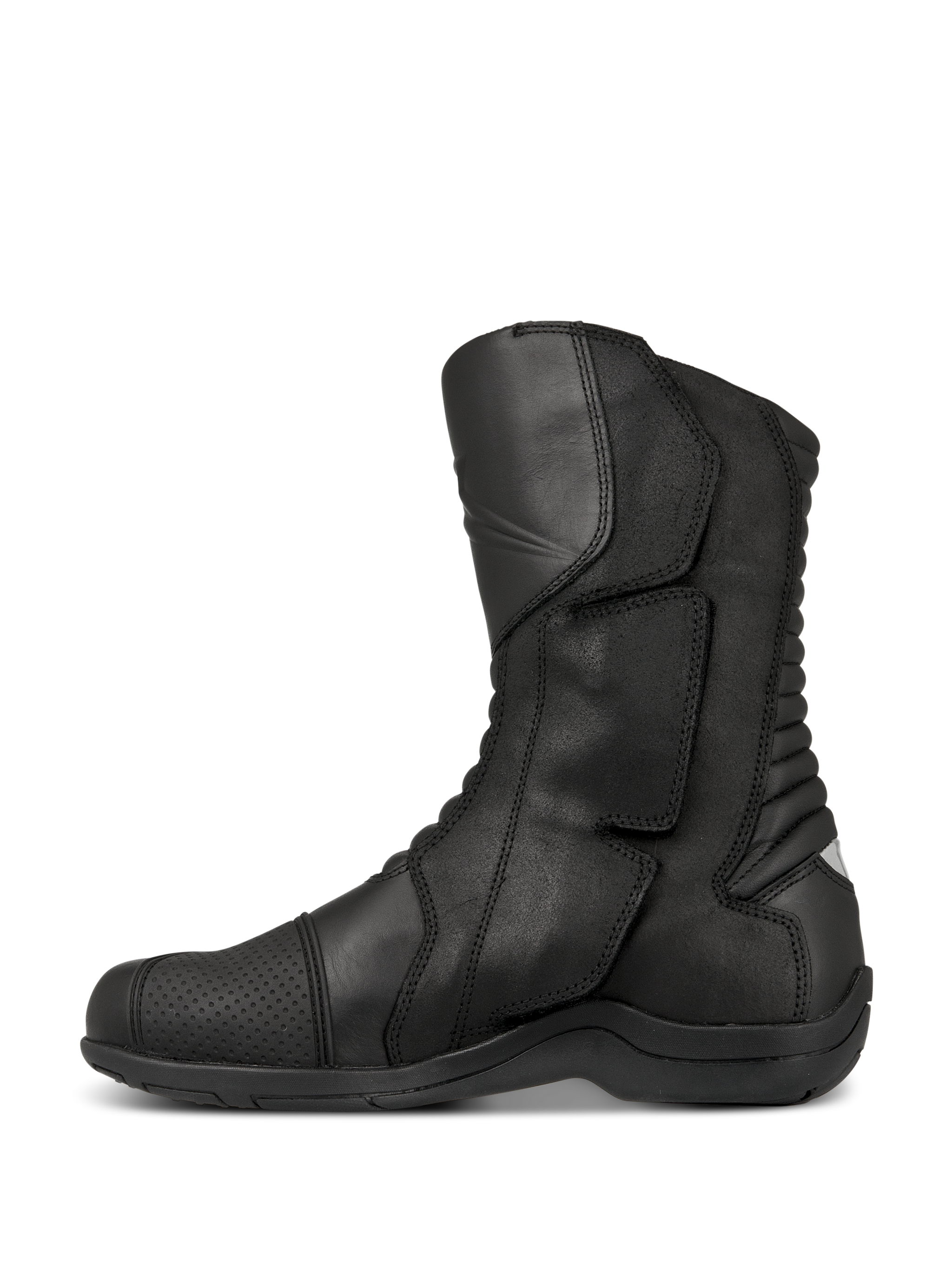 Alpinestars Web GORE-TEX Boots, Touring Motorcycle Boots, Black, side profile view showing leather construction, side-entry system with large closure flap, and rear accordion flex zones for maneuverability.