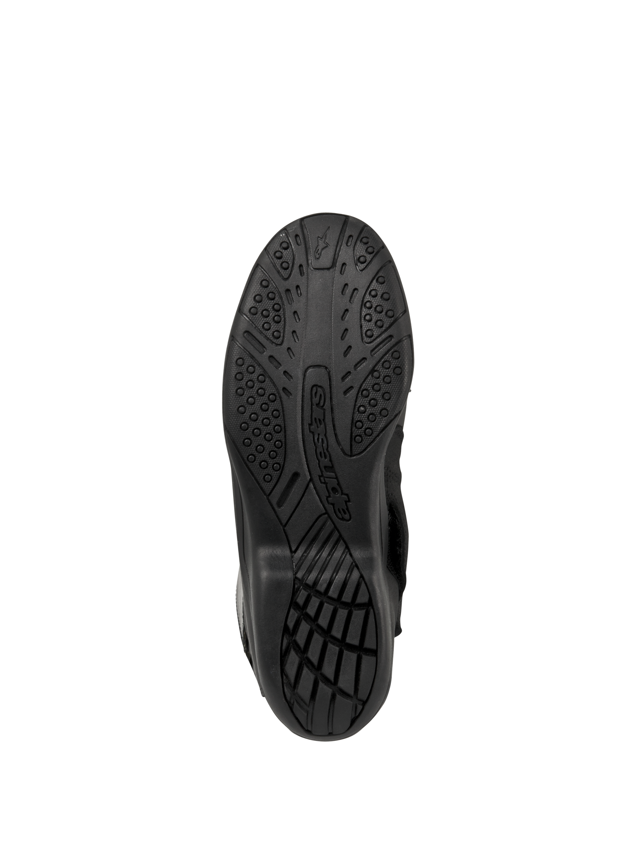 Alpinestars Web GORE-TEX Boots, Motorcycle Touring Boots, Black, Bottom view of the sole featuring textured rubber tread for grip and Alpinestars branding