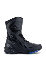 Alpinestars RT-8 GORE-TEX Boots, Motorcycle Touring Boots, Black with Blue sole accents, featuring a high-top technical design with microfiber and textile upper, triangular perforations, GORE-TEX branding, and rugged sole.