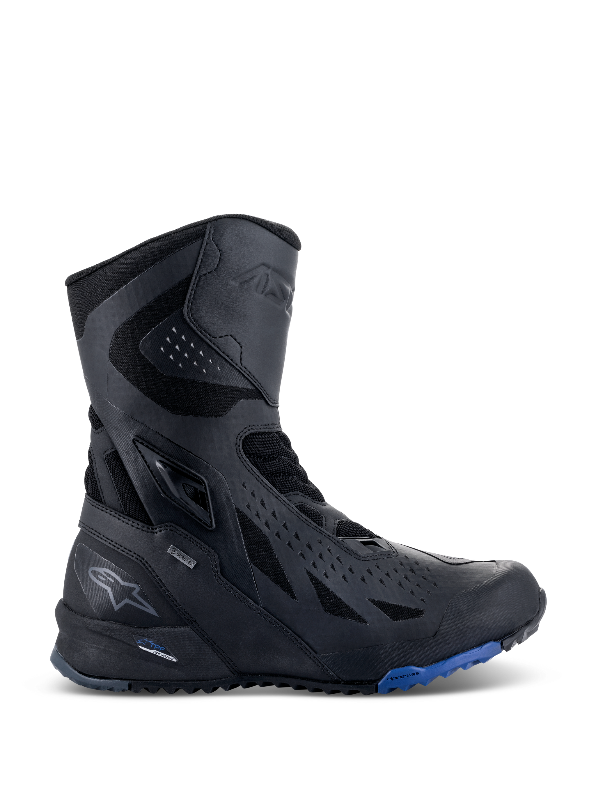 Alpinestars RT-8 GORE-TEX Boots, Motorcycle Touring Boots, Black with Blue sole accents, featuring a high-top technical design with microfiber and textile upper, triangular perforations, GORE-TEX branding, and rugged sole.