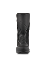 Alpinestars Air Plus V2 GORE-TEX Boots, Motorcycle Touring Boots, Black, front view showing the molded shin protector with embossed logo, perforated leather accordion panels for flexibility, and breathable mesh inserts.