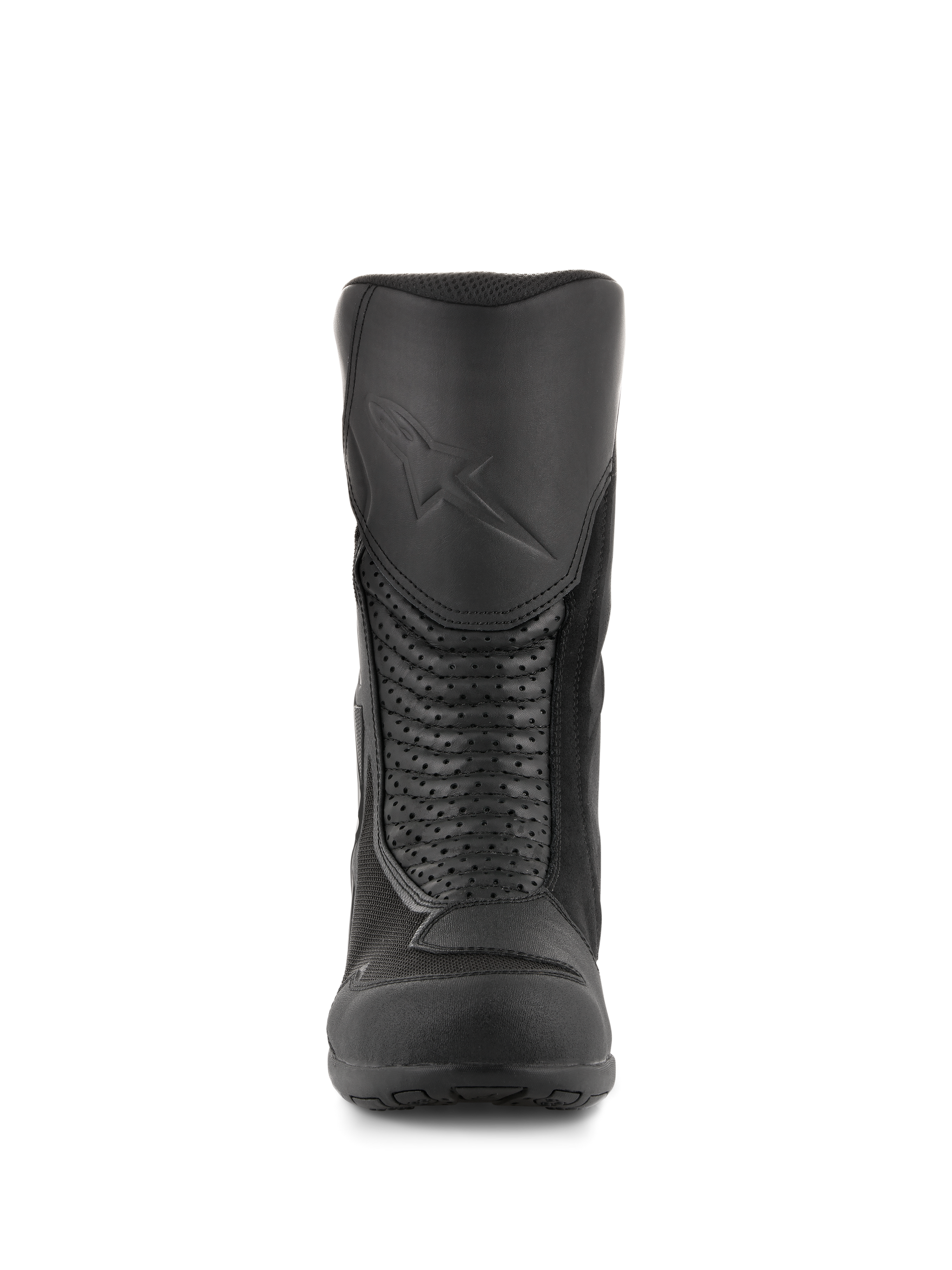 Alpinestars Air Plus V2 GORE-TEX Boots, Motorcycle Touring Boots, Black, front view showing the molded shin protector with embossed logo, perforated leather accordion panels for flexibility, and breathable mesh inserts.