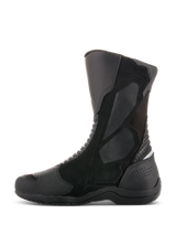 Alpinestars Air Plus V2 GORE-TEX Boots, Motorcycle Touring Boots, Black, side profile view, multi-material construction with ventilated mesh and leather panels, high-cut design with reinforced shin and heel protection for all-weather riding
