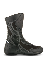 Alpinestars Air Plus V2 GORE-TEX Boots, Black Motorcycle Touring Boots, side view showing ventilated mesh and perforated leather construction, waterproof and breathable design, reinforced protection areas, sturdy rubber sole, GORE-TEX branding detail