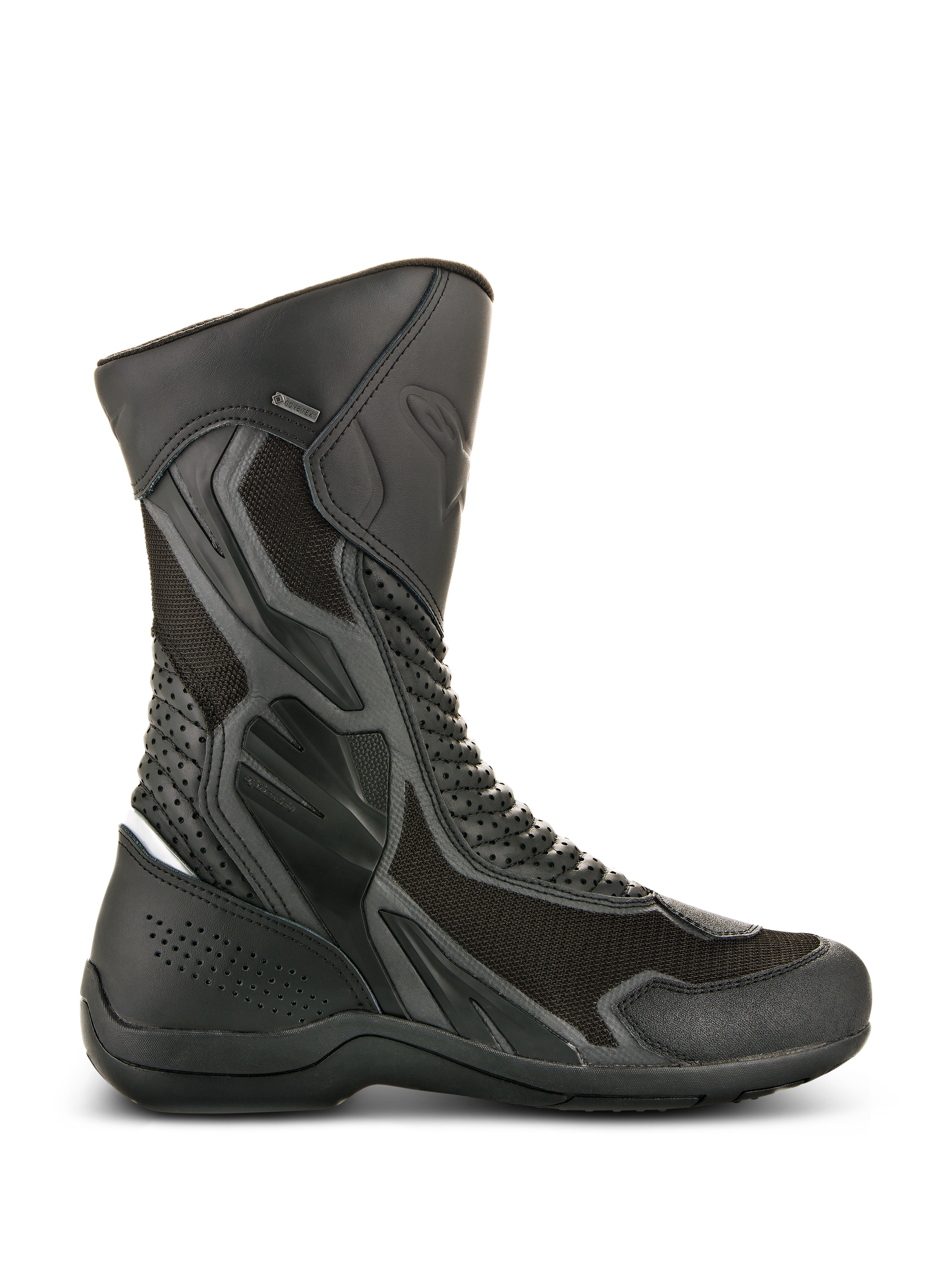 Alpinestars Air Plus V2 GORE-TEX Boots, Black Motorcycle Touring Boots, side view showing ventilated mesh and perforated leather construction, waterproof and breathable design, reinforced protection areas, sturdy rubber sole, GORE-TEX branding detail