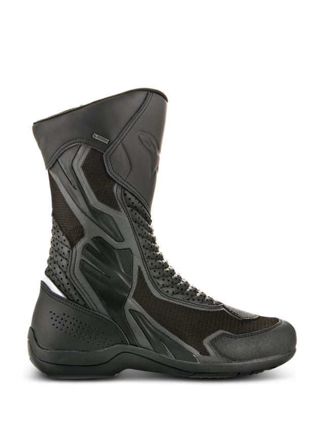 Alpinestars Air Plus V2 GORE-TEX Boots, Black Motorcycle Touring Boots, side view showing ventilated mesh and perforated leather construction, waterproof and breathable design, reinforced protection areas, sturdy rubber sole, GORE-TEX branding detail