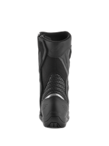 Alpinestars Air Plus V2 GORE-TEX Boots, Motorcycle Touring Boots, Black, rear view showing the heel and calf area, featuring a silver reflective insert, perforated leather accordion panels, and breathable mesh construction