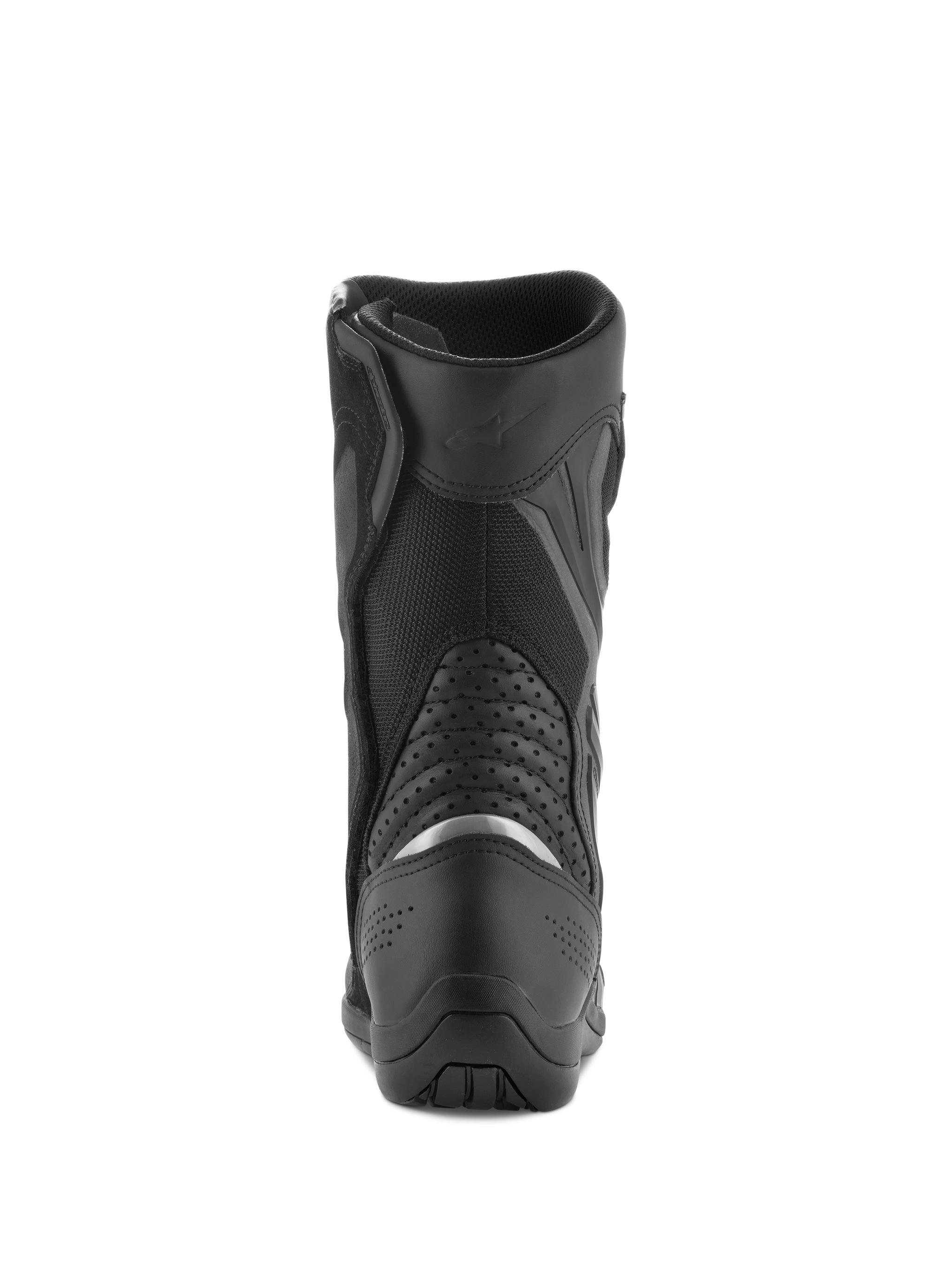 Alpinestars Air Plus V2 GORE-TEX Boots, Motorcycle Touring Boots, Black, rear view showing the heel and calf area, featuring a silver reflective insert, perforated leather accordion panels, and breathable mesh construction