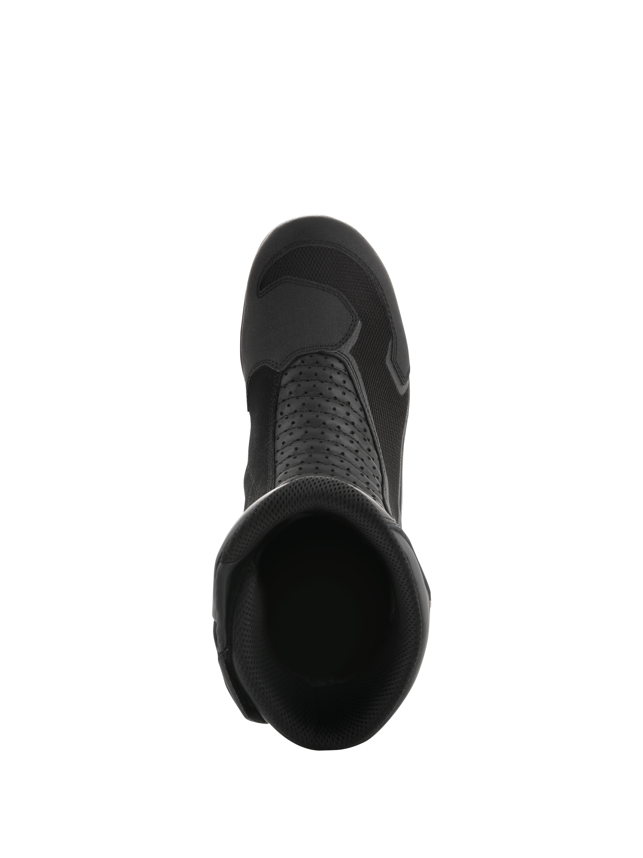 Alpinestars Air Plus V2 GORE-TEX Boots, Black, top-down view looking into the boot opening, showcasing the breathable mesh construction, perforated leather panels, and streamlined design for motorcycle touring.
