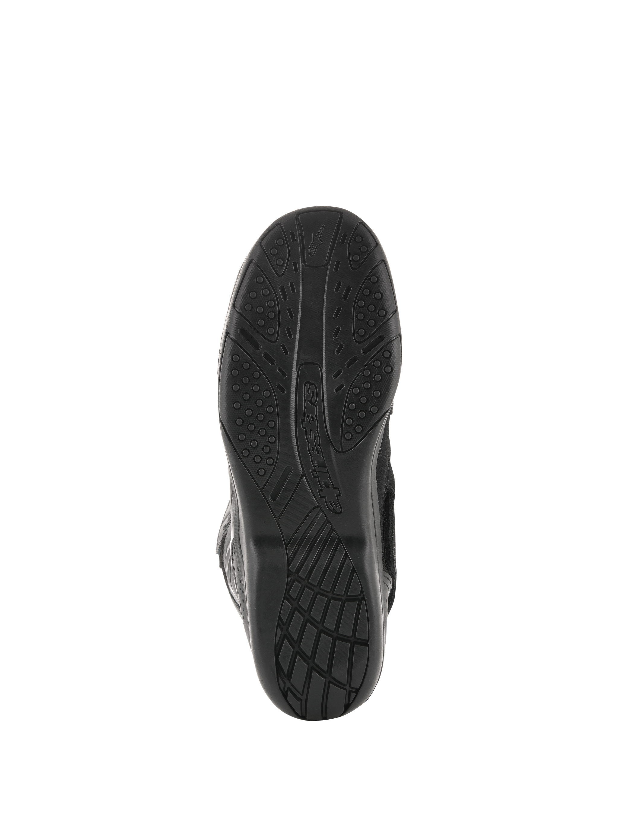 Alpinestars Air Plus V2 GORE-TEX Boots, Motorcycle Touring Boots, Black, bottom sole view showing the exclusive compound rubber tread pattern for grip and comfort, features Alpinestars logo branding