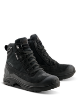 Alpinestars Woman Judy Waterproof Boots, Black motorcycle boots, combat-inspired design with lace-up closure, featuring a waterproof tag, suede and textile construction, and a durable rubber sole for riding and walking comfort