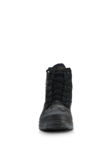 Alpinestars Woman Judy Waterproof Boots, Women's Motorcycle Riding Boots, Black, front view featuring a combat-style design, lace-up closure with an elasticated drawstring at the collar, matte finish with rubber toe reinforcement and elevated sole