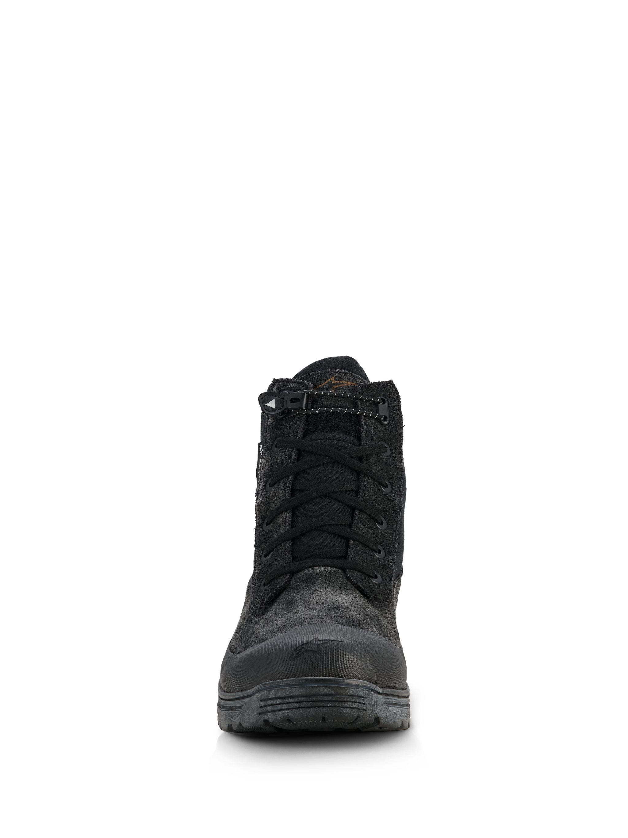 Alpinestars Woman Judy Waterproof Boots, Women's Motorcycle Riding Boots, Black, front view featuring a combat-style design, lace-up closure with an elasticated drawstring at the collar, matte finish with rubber toe reinforcement and elevated sole