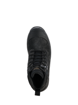 Alpinestars Woman Judy Waterproof Boots, Black, top-down view of a single motorcycle boot, combat-inspired design with laces and drawstring toggle closure, rubberized toe protection, durable leather and textile construction for road riding