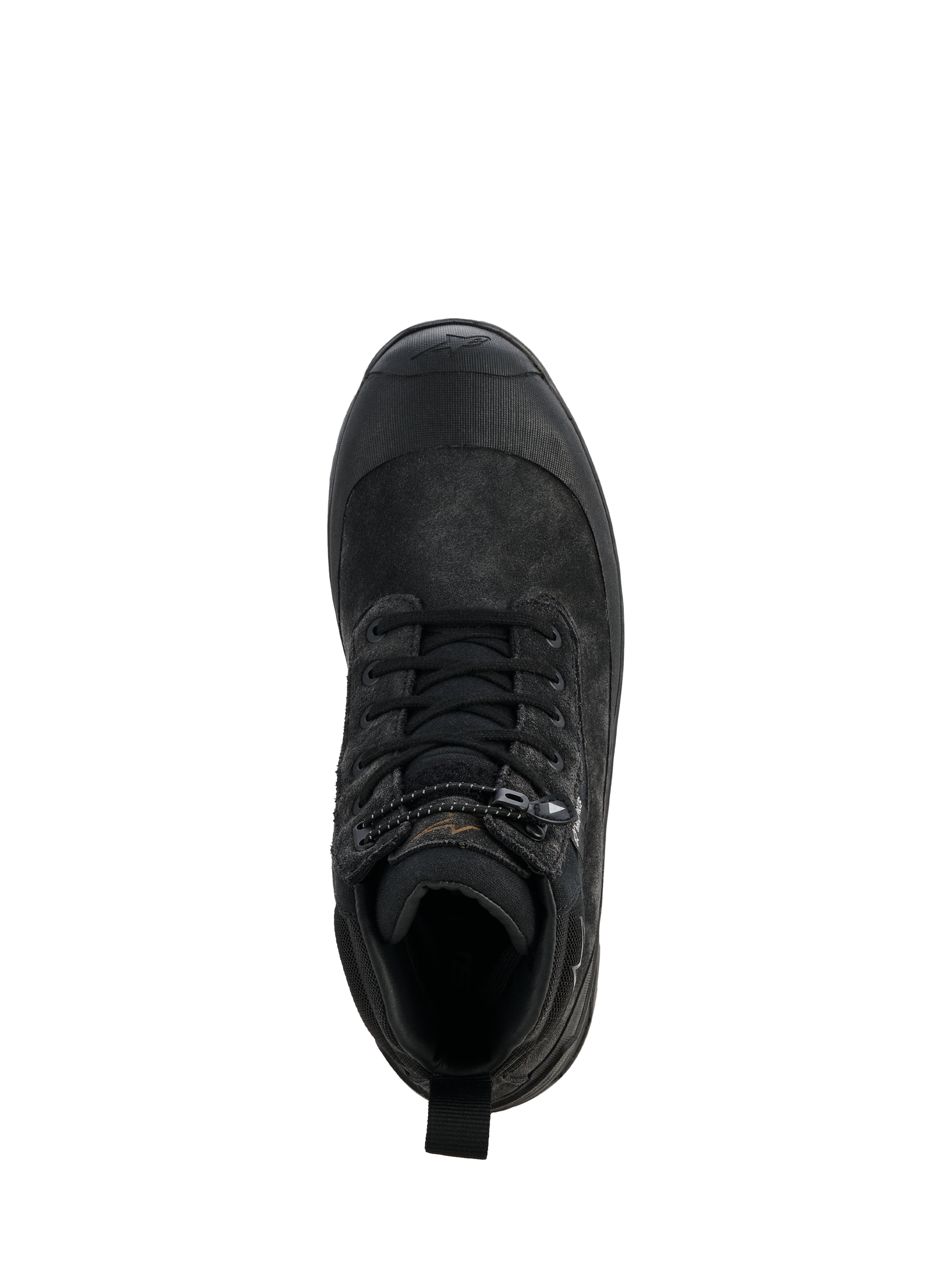 Alpinestars Woman Judy Waterproof Boots, Black, top-down view of a single motorcycle boot, combat-inspired design with laces and drawstring toggle closure, rubberized toe protection, durable leather and textile construction for road riding