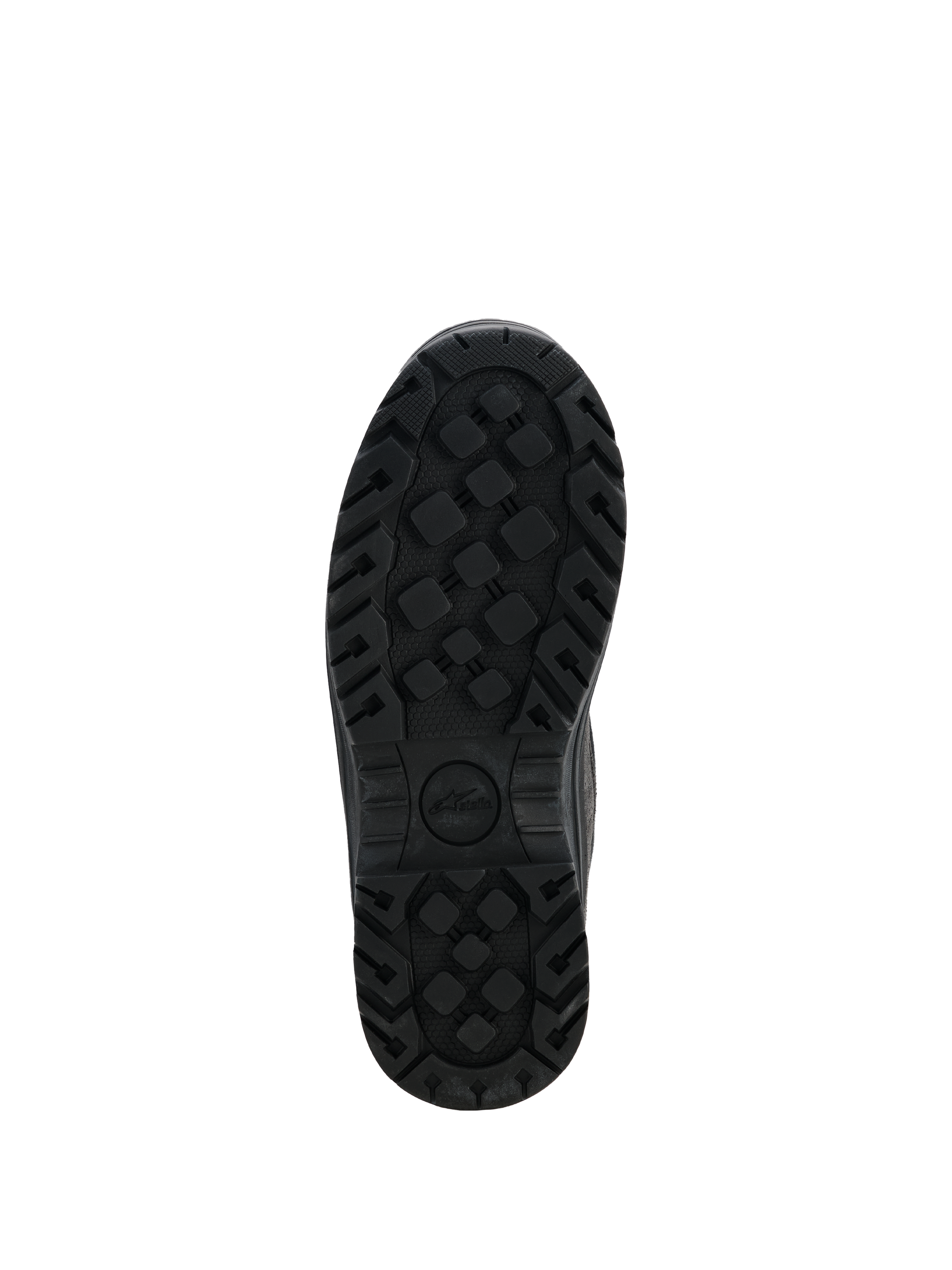 Alpinestars Woman Judy Waterproof Boots, Black motorcycle boots, bottom view of the rugged rubber outsole, textured tread pattern for enhanced grip and durability, featuring the Stella logo