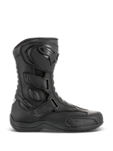 Alpinestars Radon Drystar® Boots, Black Waterproof Motorcycle Touring Boots, side profile view featuring three adjustable hook-and-loop straps, protective TPU shin plate with Alpinestars logo, reinforced ankle protection, and durable vulcanized sole.