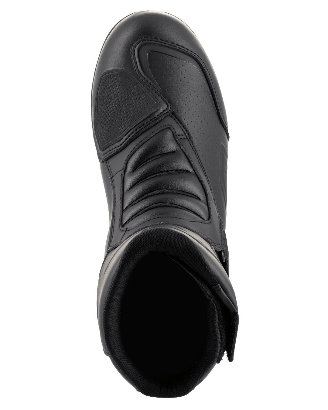 Alpinestars Ridge V2 Waterproof Boot, Black, top-down view showing toe shifter pad and accordion flex zones, durable microfiber construction with Velcro closure, designed for motorcycle touring and road riding