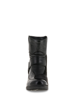 Alpinestars Women Stella Valencia Waterproof Boots, front view, solid black leather construction, featuring front accordion flex zones and embossed star logo on the shin, low-cut waterproof motorcycle touring boot