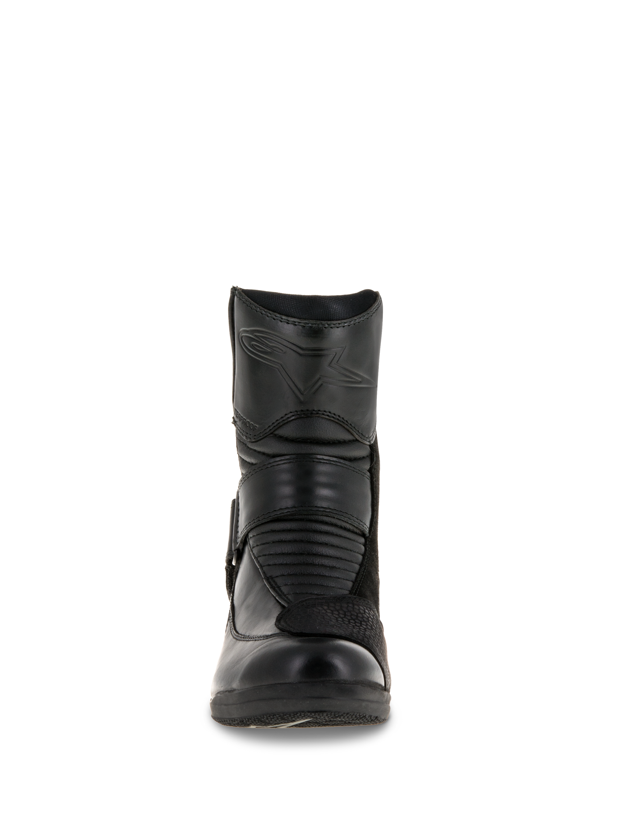 Alpinestars Women Stella Valencia Waterproof Boots, front view, solid black leather construction, featuring front accordion flex zones and embossed star logo on the shin, low-cut waterproof motorcycle touring boot