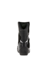 Alpinestars Women Stella Valencia Waterproof Boots, Black, rear view showing rear accordion flex zones, low-cut leather and suede motorcycle touring boots with textured heel