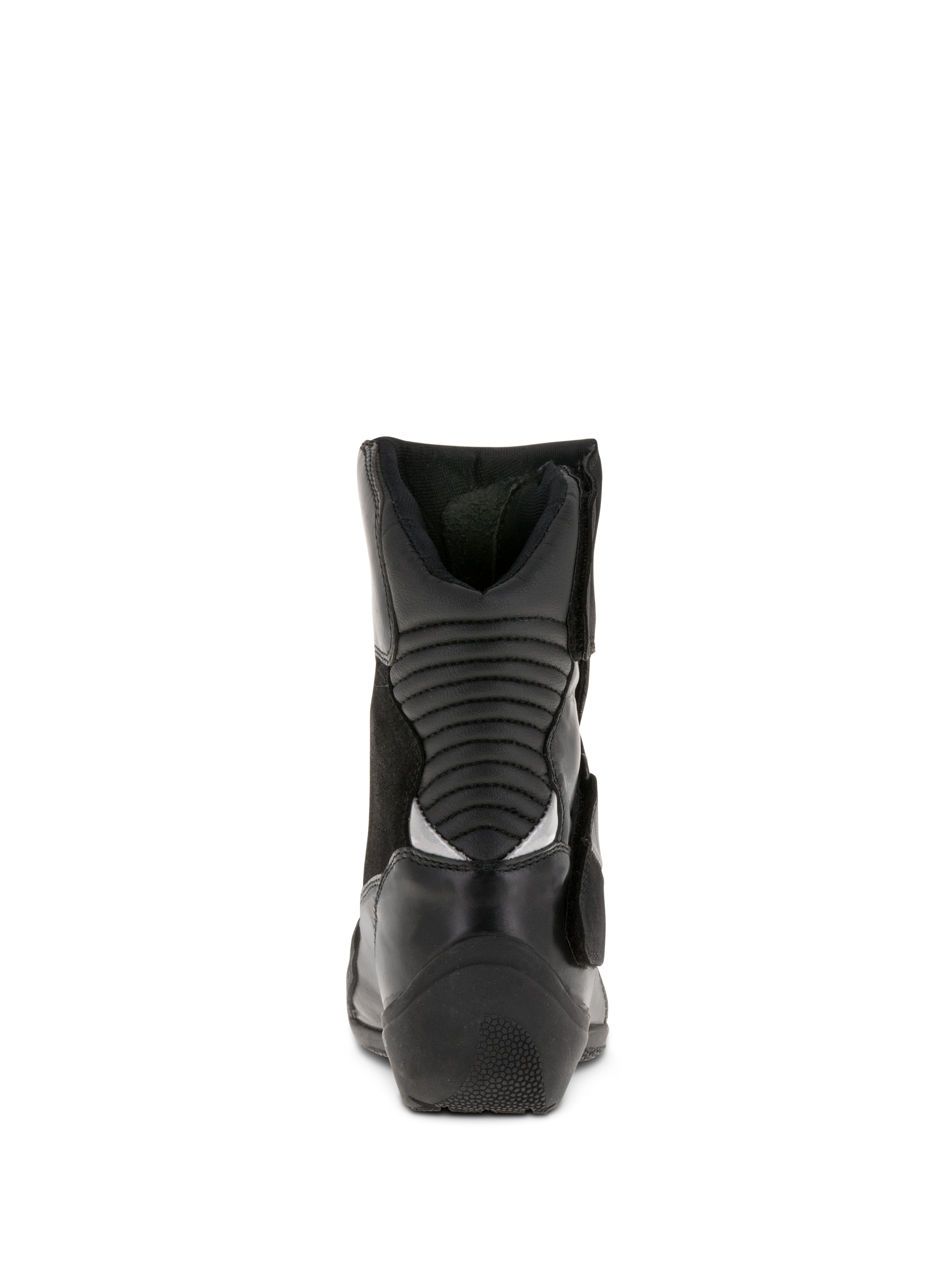 Alpinestars Women Stella Valencia Waterproof Boots, Black, rear view showing rear accordion flex zones, low-cut leather and suede motorcycle touring boots with textured heel