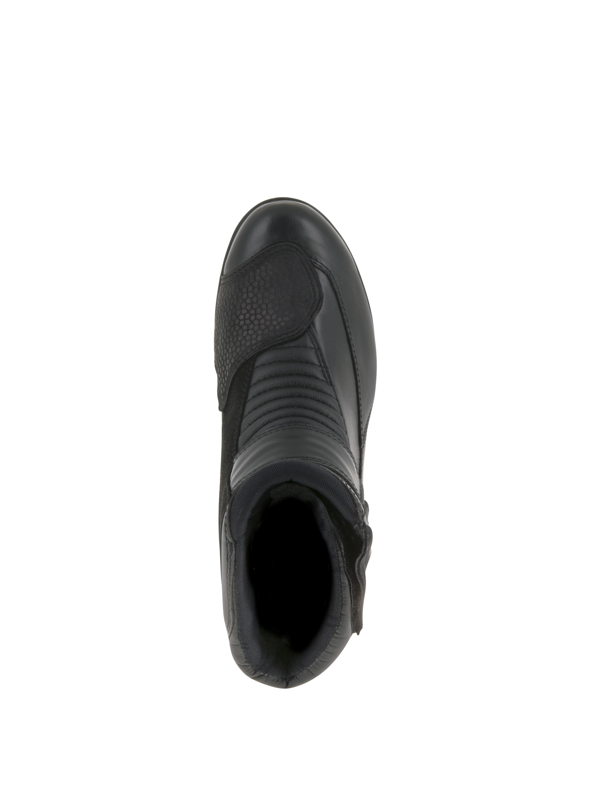 Alpinestars Women Stella Valencia Waterproof Boots, Motorcycle Boots, Black, top-down view highlighting accordion flex zones and textured shift pad, low-cut leather and suede design for touring